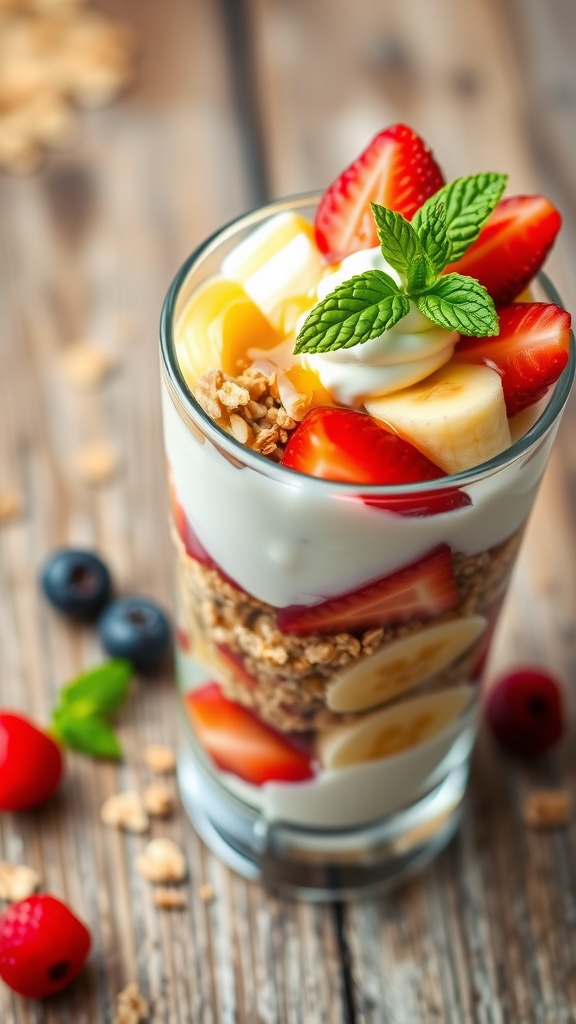 A vibrant fruit and yogurt parfait with layers of yogurt, strawberries, bananas, and granola in a clear glass.